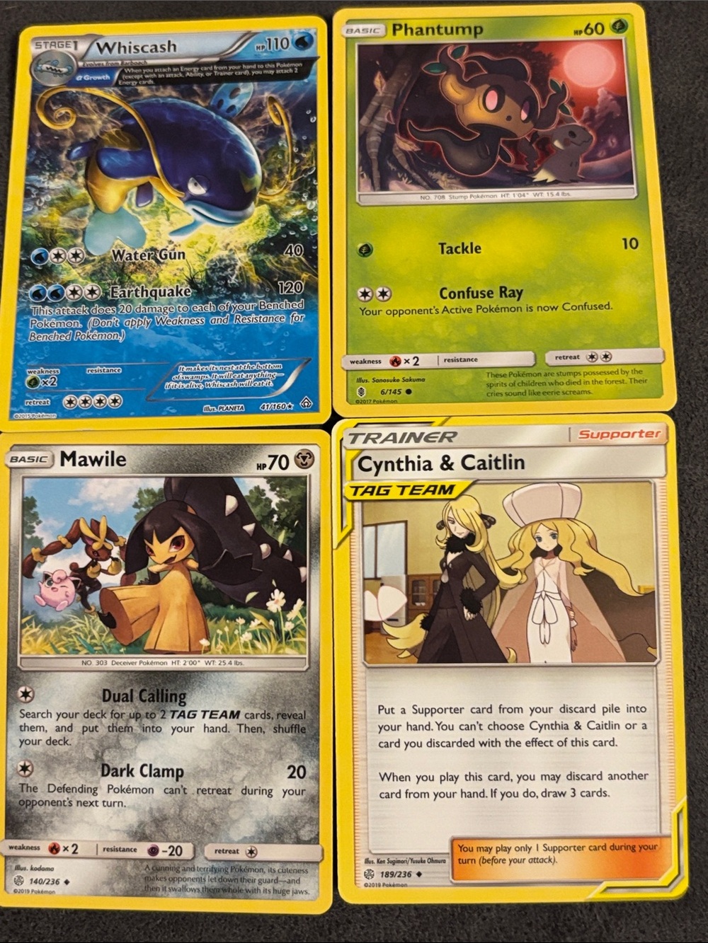 Lot of 4 Pokemon Cards Whiscash, Phantump, Cynthia & Caitlin, Mawile